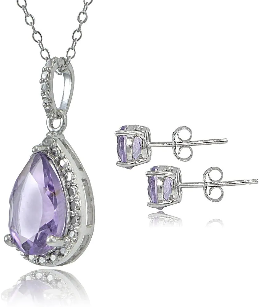 B. BRILLIANT Sterling Silver Gemstone Teardrop Necklace & Stud Earrings Gift Jewelry Set for Women