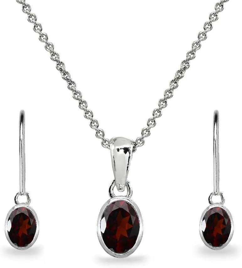 B. BRILLIANT Sterling Silver Genuine or Synthetic Gemstone Oval Bezel-Set Pendant Necklace & Dangle Earrings Set