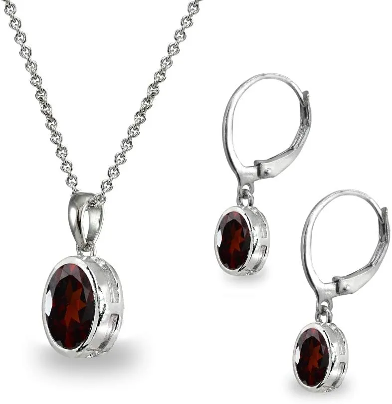 B. BRILLIANT Sterling Silver Genuine or Synthetic Gemstone Oval Bezel-Set Pendant Necklace & Dangle Earrings Set