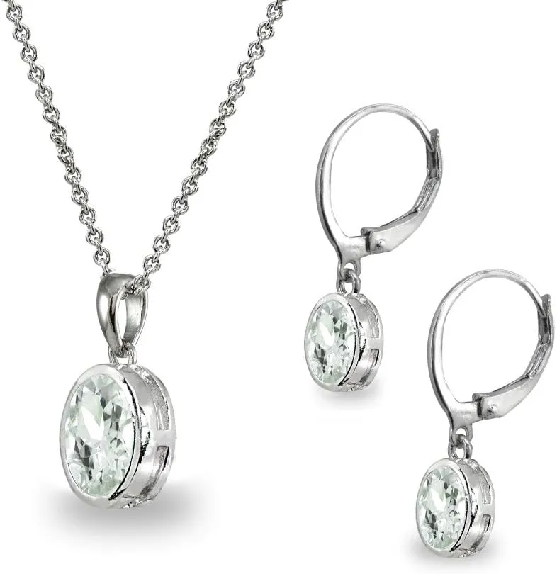 B. BRILLIANT Sterling Silver Genuine or Synthetic Gemstone Oval Bezel-Set Pendant Necklace & Dangle Earrings Set