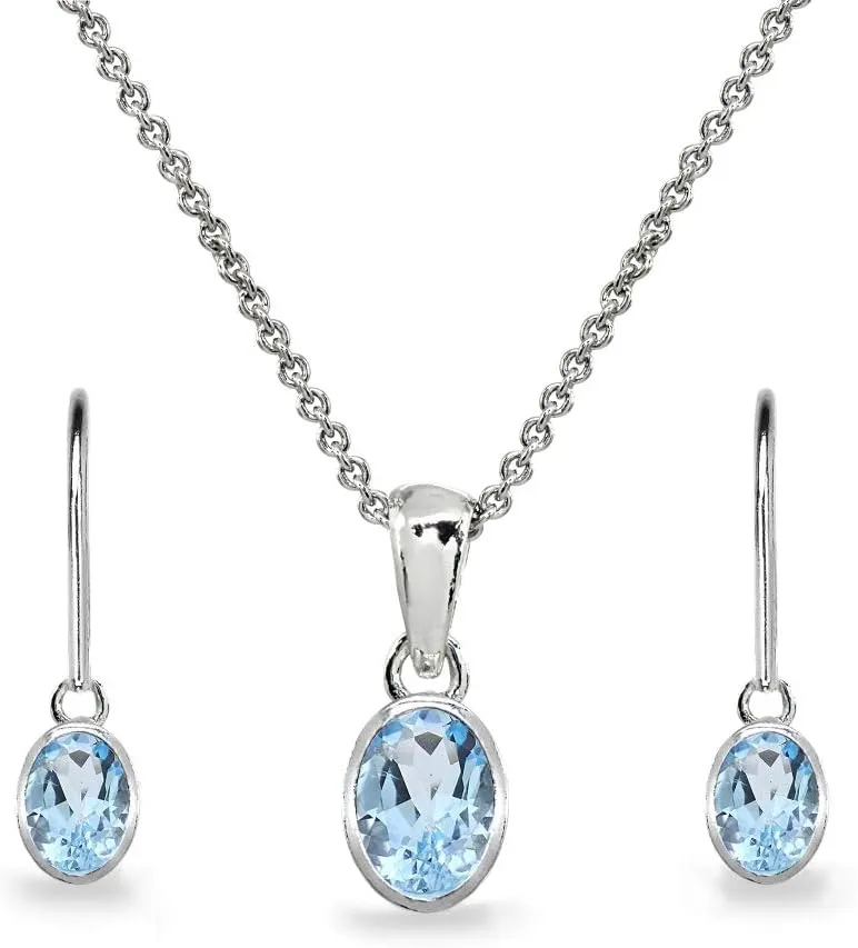 B. BRILLIANT Sterling Silver Genuine or Synthetic Gemstone Oval Bezel-Set Pendant Necklace & Dangle Earrings Set