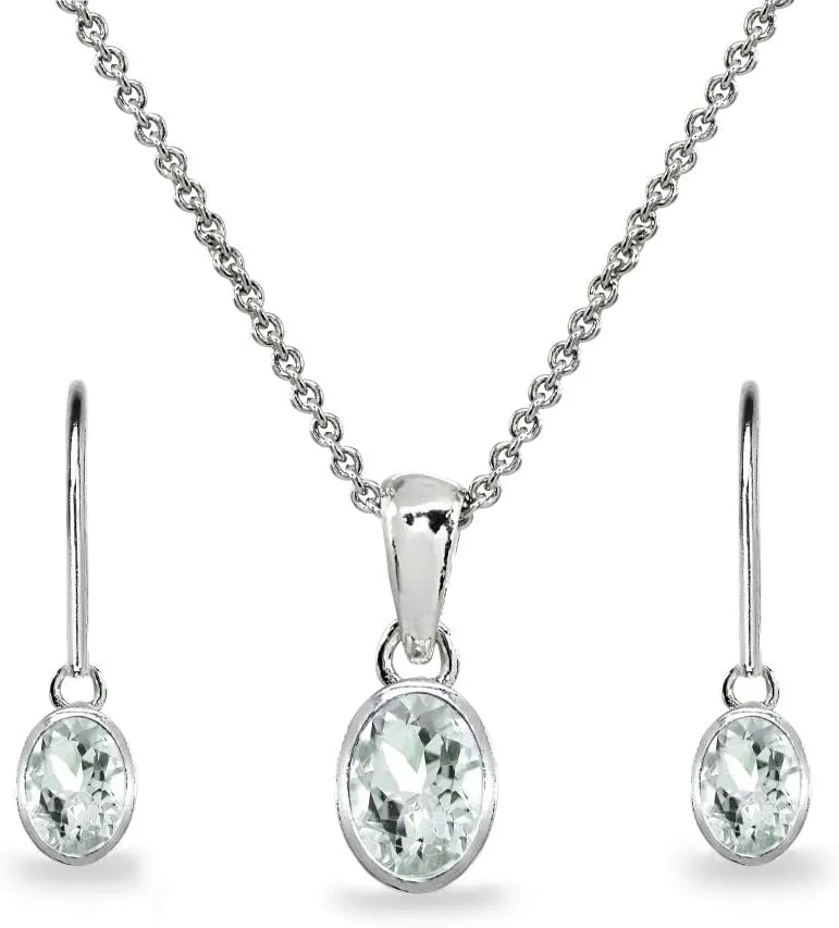B. BRILLIANT Sterling Silver Genuine or Synthetic Gemstone Oval Bezel-Set Pendant Necklace & Dangle Earrings Set