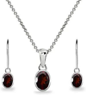 B. BRILLIANT Sterling Silver Genuine or Synthetic Gemstone Oval Bezel-Set Pendant Necklace & Dangle Earrings Set