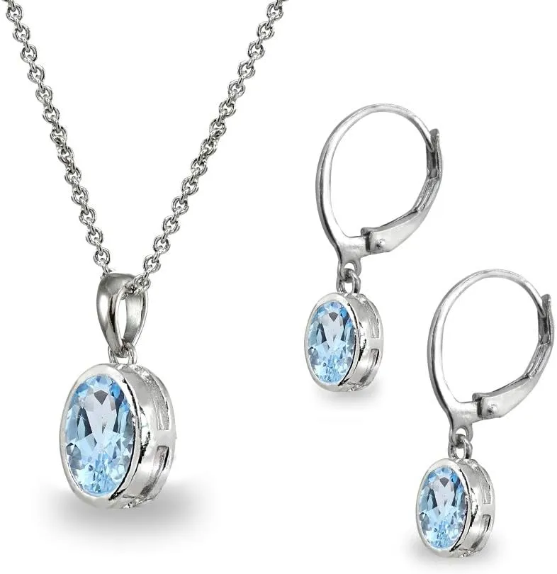 B. BRILLIANT Sterling Silver Genuine or Synthetic Gemstone Oval Bezel-Set Pendant Necklace & Dangle Earrings Set