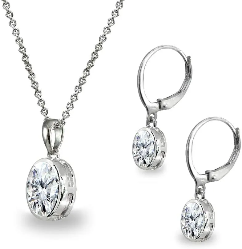 B. BRILLIANT Sterling Silver Genuine or Synthetic Gemstone Oval Bezel-Set Pendant Necklace & Dangle Earrings Set