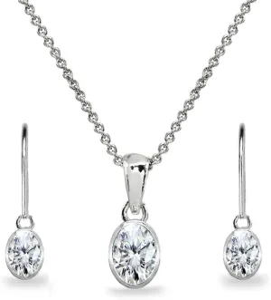 B. BRILLIANT Sterling Silver Genuine or Synthetic Gemstone Oval Bezel-Set Pendant Necklace & Dangle Earrings Set