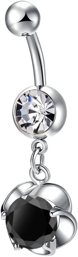 Bar Belly Ring Women, Belly Rings Dangle Navel Rings Surgical Steel Classic Flower with Cubic Zirconia Belly Button Piercing Jewelry