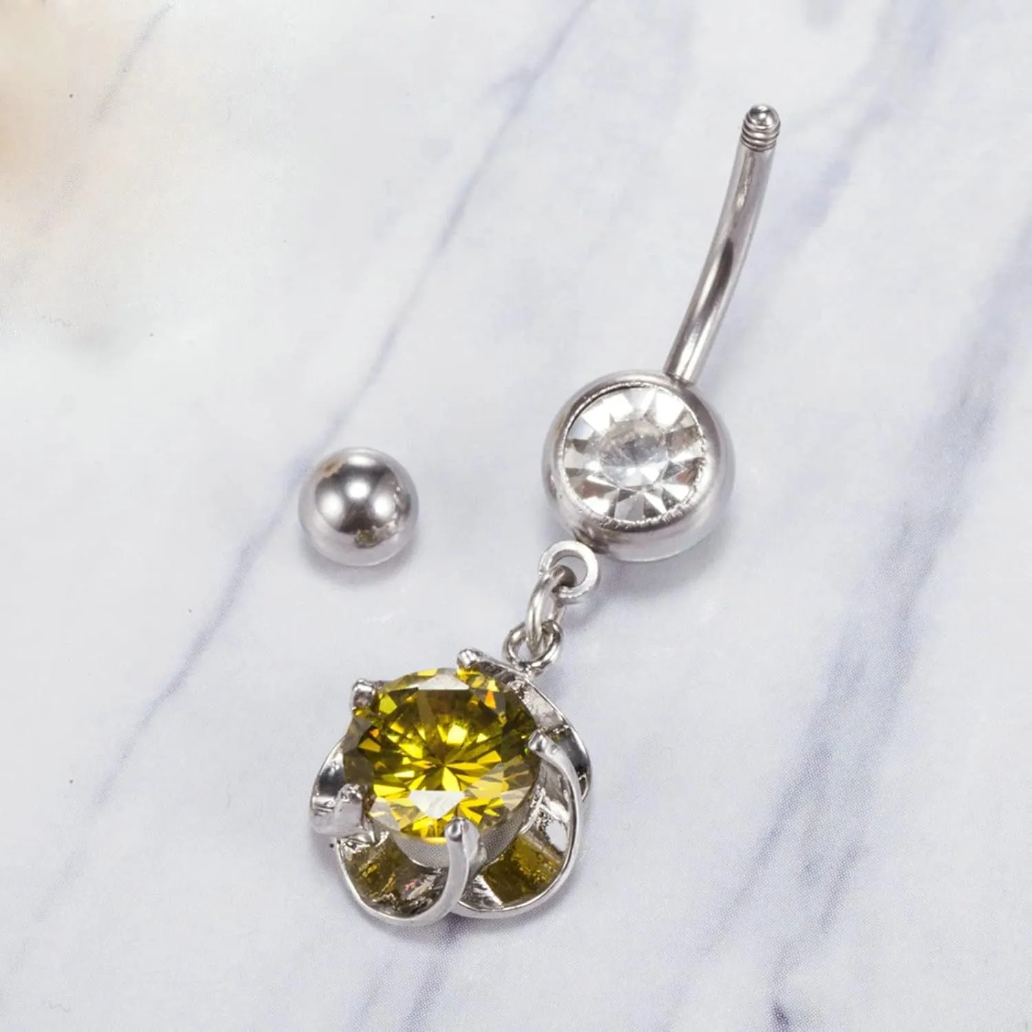 Bar Belly Ring Women, Belly Rings Dangle Navel Rings Surgical Steel Classic Flower with Cubic Zirconia Belly Button Piercing Jewelry