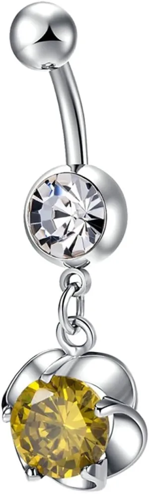 Bar Belly Ring Women, Belly Rings Dangle Navel Rings Surgical Steel Classic Flower with Cubic Zirconia Belly Button Piercing Jewelry