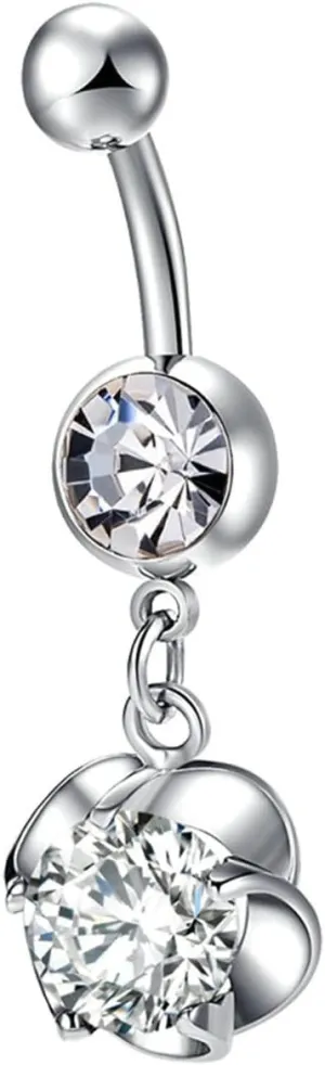 Bar Belly Ring Women, Belly Rings Dangle Navel Rings Surgical Steel Classic Flower with Cubic Zirconia Belly Button Piercing Jewelry