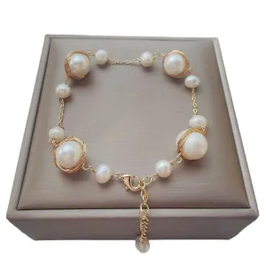 Baroque Cultured Pearl Bracelet - Handmade, 18K Gold Plated Copper Wire Wrapped - Adjustable Cord, Fashionable and Delicate Jewelry Gift for Girls and Moms