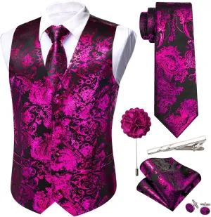 Barry.Wang Mens Shiny Disco Vests Party Nightclub Paisley Metallic Gothic Vest Tie Handkerchief Cufflink Clip Brooch 6PCS