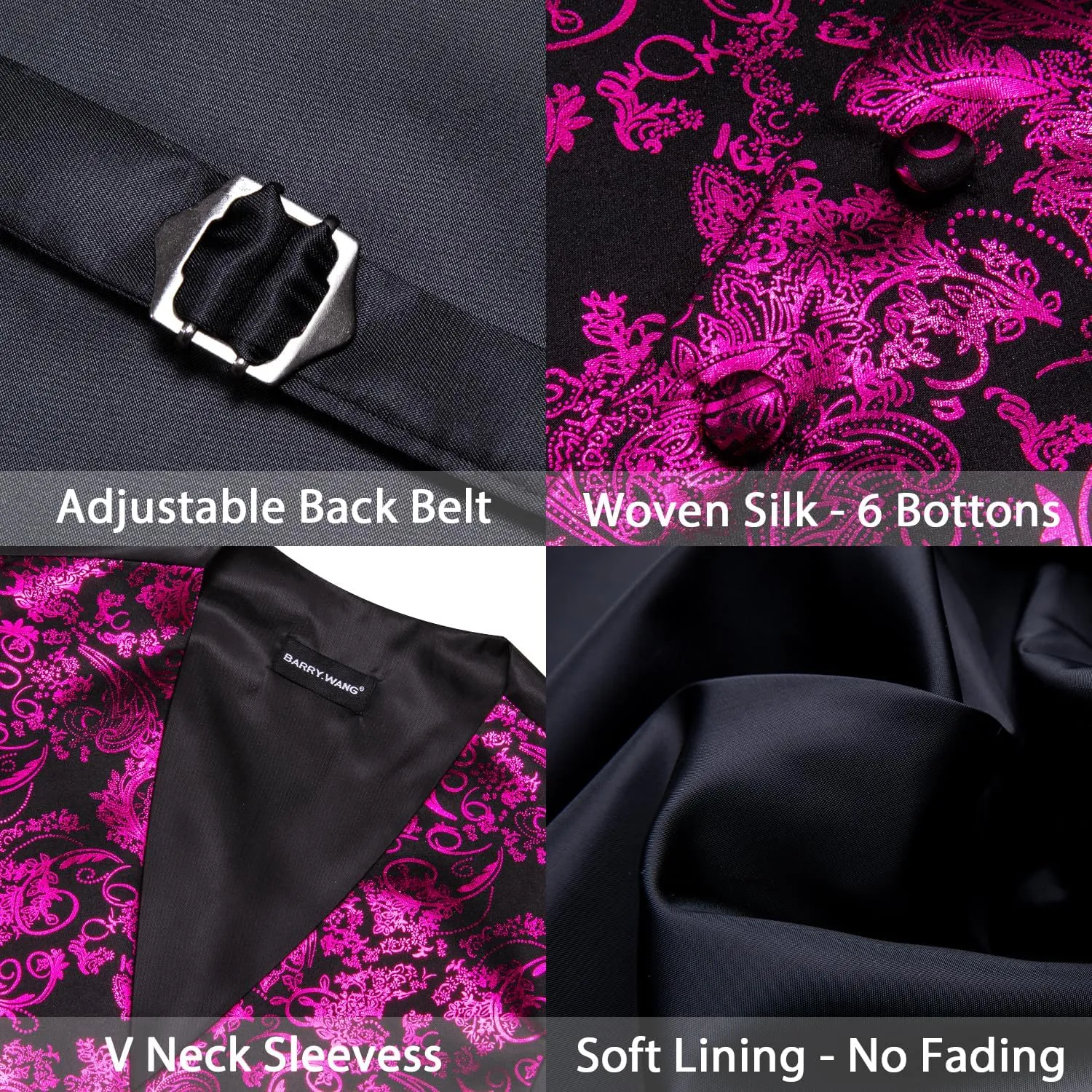 Barry.Wang Mens Shiny Disco Vests Party Nightclub Paisley Metallic Gothic Vest Tie Handkerchief Cufflink Clip Brooch 6PCS