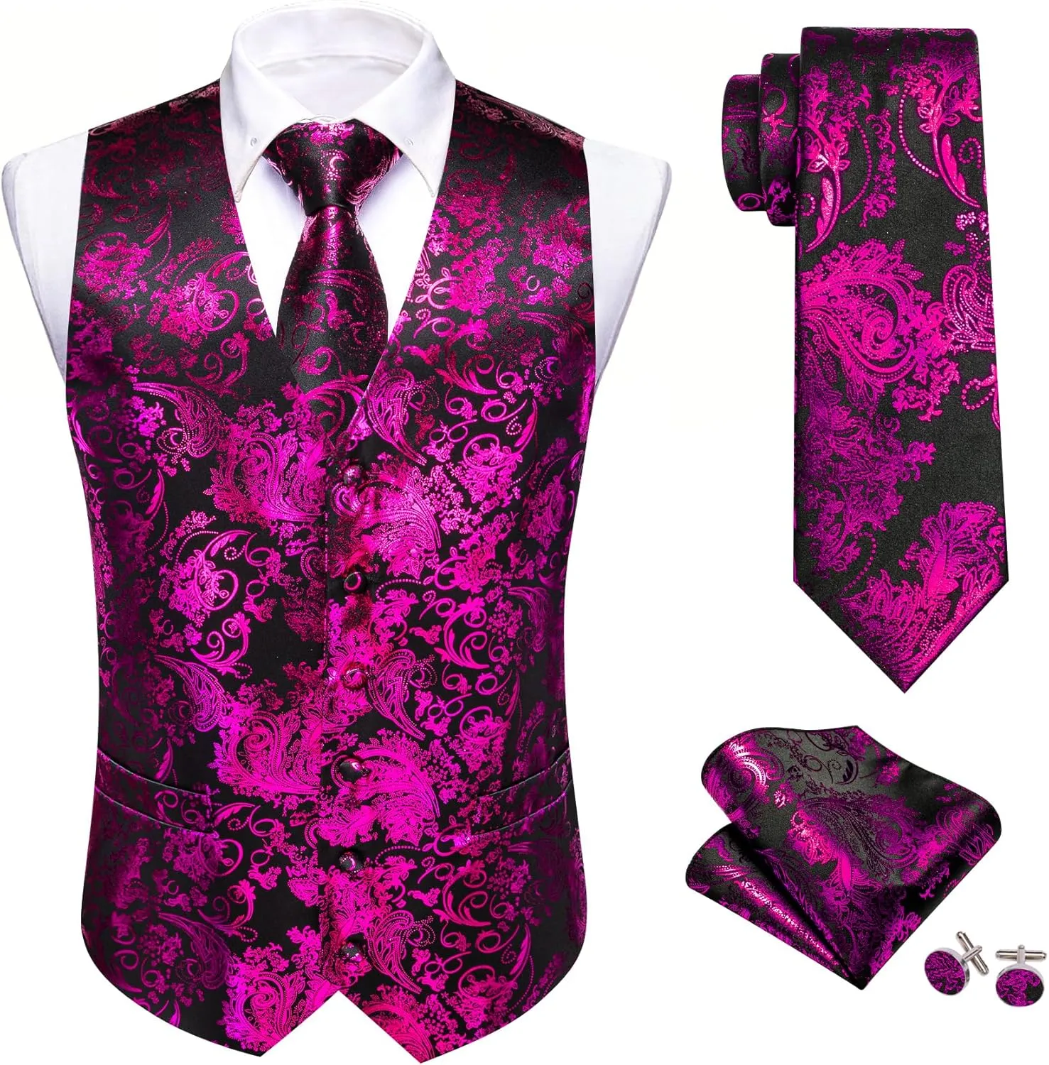 Barry.Wang Mens Shiny Disco Vests Party Nightclub Paisley Metallic Gothic Vest Tie Handkerchief Cufflink Clip Brooch 6PCS