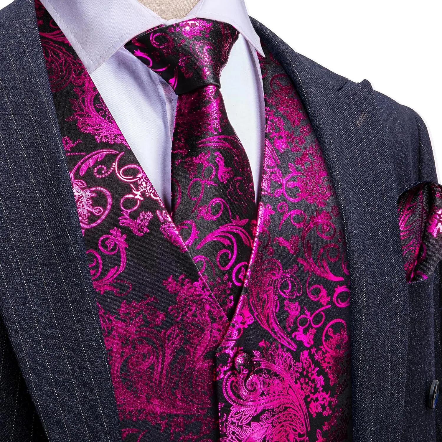 Barry.Wang Mens Shiny Disco Vests Party Nightclub Paisley Metallic Gothic Vest Tie Handkerchief Cufflink Clip Brooch 6PCS