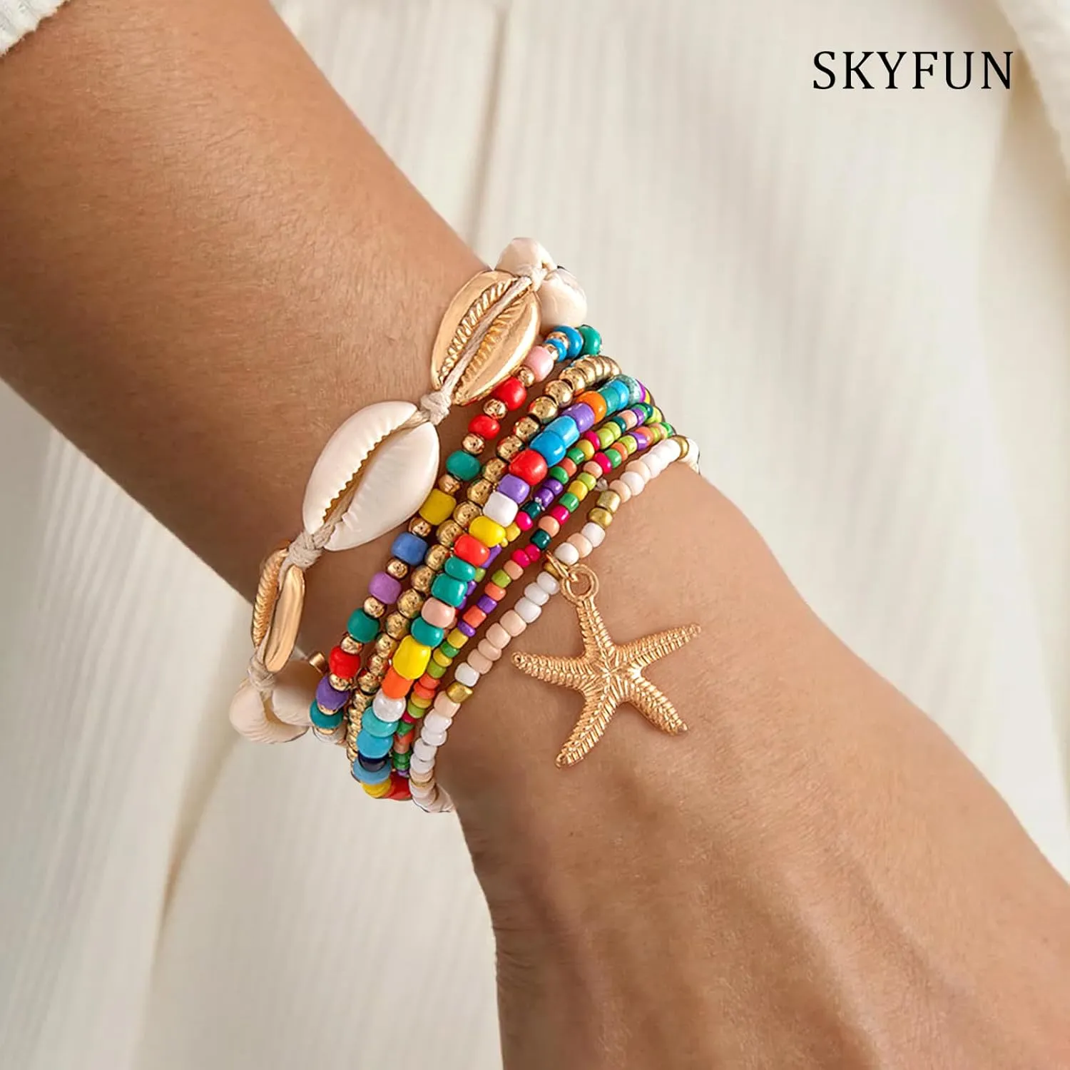 Beach Bracelets for Women Bohemian Stackable Heishi Surfer Bracelet Set Elastic Seashell Starfish Boho Friendship Bracelets for Summer Beach Party Holiday Vacation Jewelry