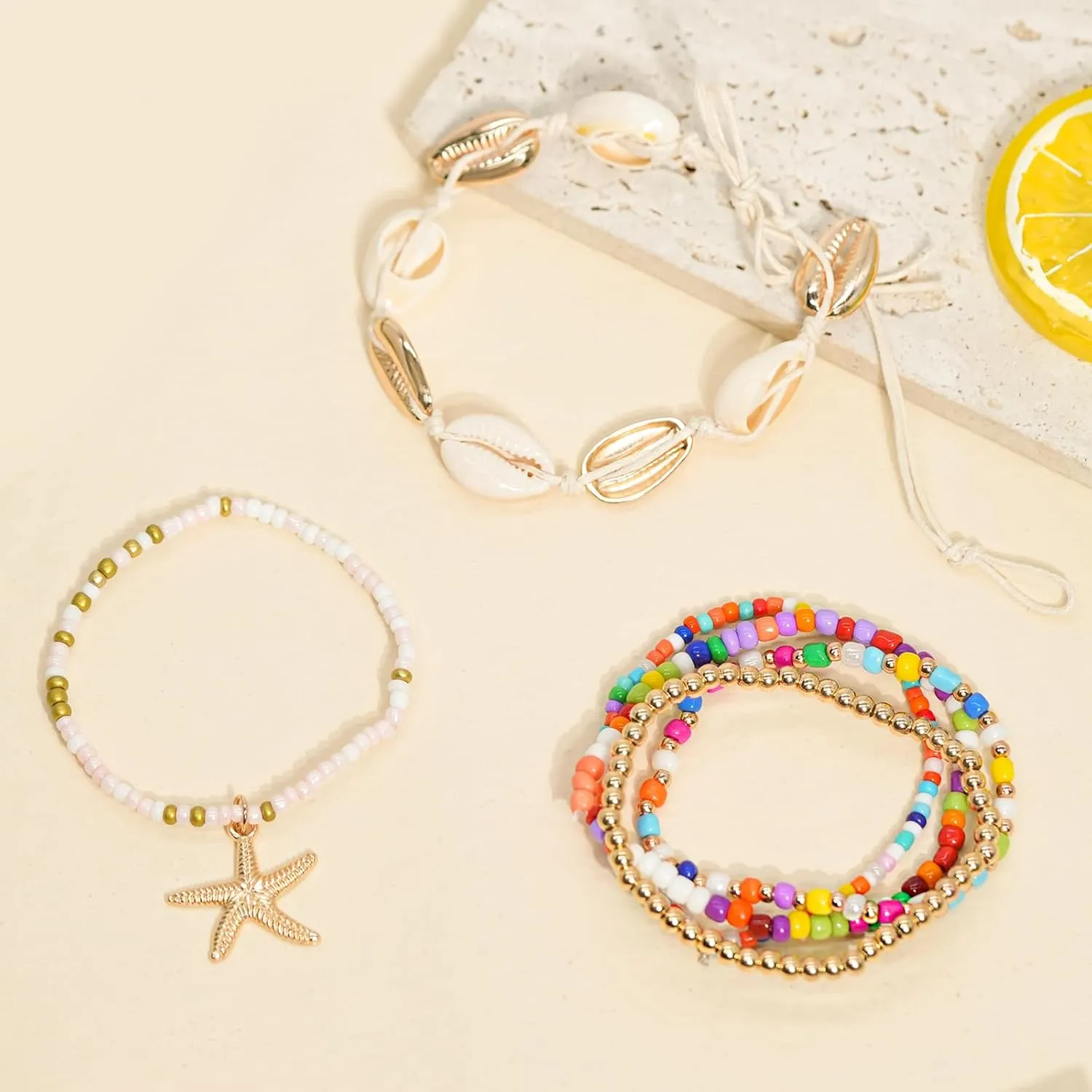 Beach Bracelets for Women Bohemian Stackable Heishi Surfer Bracelet Set Elastic Seashell Starfish Boho Friendship Bracelets for Summer Beach Party Holiday Vacation Jewelry