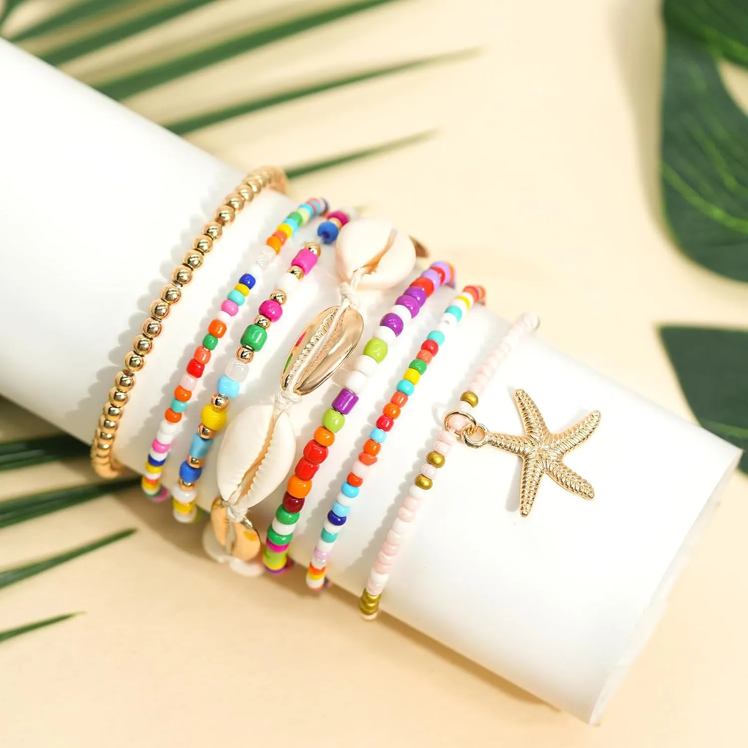 Beach Bracelets for Women Bohemian Stackable Heishi Surfer Bracelet Set Elastic Seashell Starfish Boho Friendship Bracelets for Summer Beach Party Holiday Vacation Jewelry