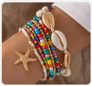 Beach Bracelets for Women Bohemian Stackable Heishi Surfer Bracelet Set Elastic Seashell Starfish Boho Friendship Bracelets for Summer Beach Party Holiday Vacation Jewelry