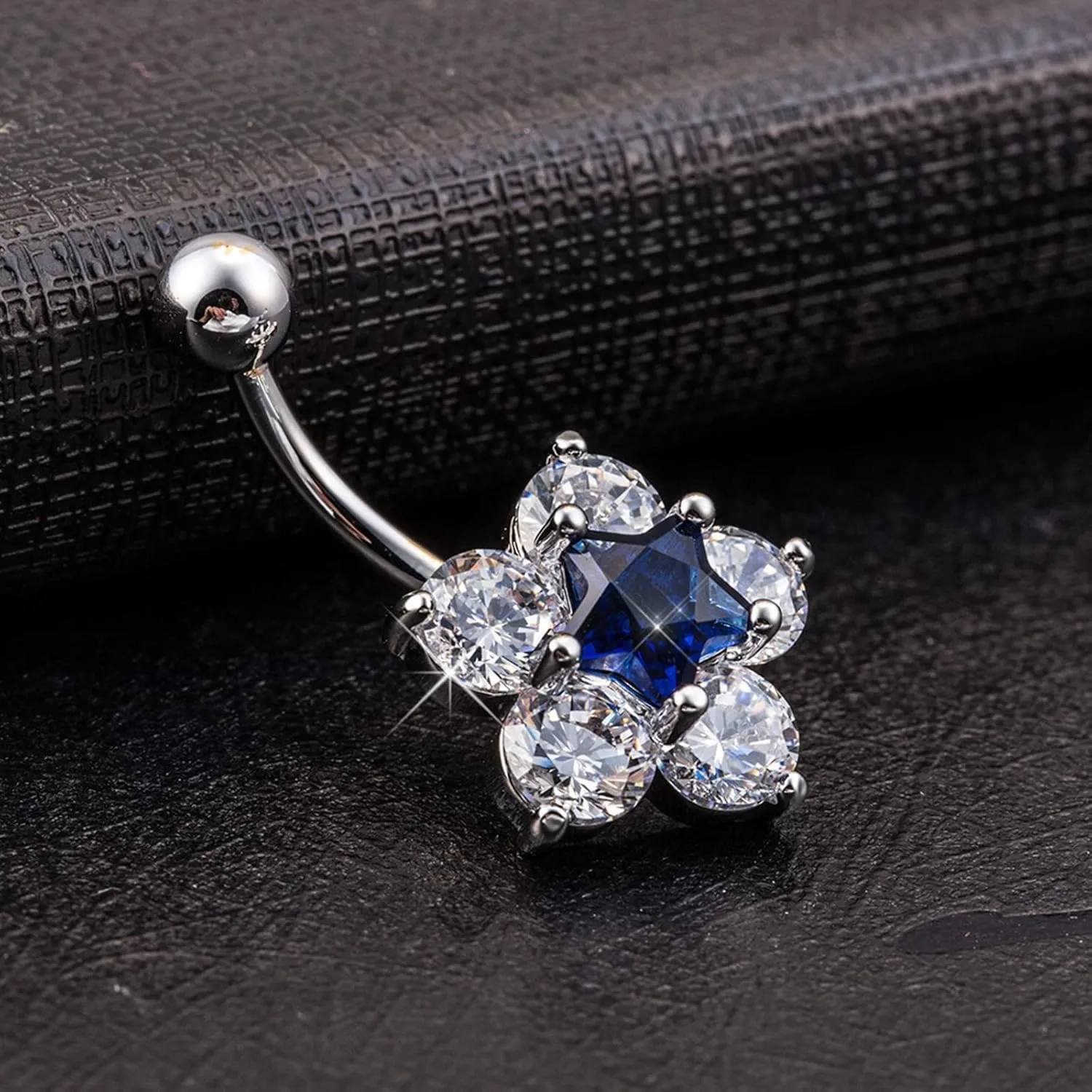 Belly Button Ring for Women, Bar Belly Button Rings 316L Surgical Steel Belly Button Rings Classic Flower Star White/Blue/Pink Cubic Zirconia Belly Button Jewelry