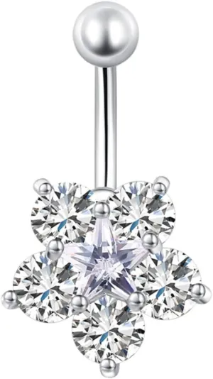 Belly Button Ring for Women, Bar Belly Button Rings 316L Surgical Steel Belly Button Rings Classic Flower Star White/Blue/Pink Cubic Zirconia Belly Button Jewelry