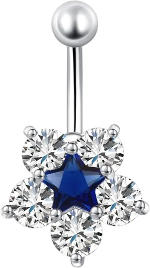 Belly Button Ring for Women, Bar Belly Button Rings 316L Surgical Steel Belly Button Rings Classic Flower Star White/Blue/Pink Cubic Zirconia Belly Button Jewelry