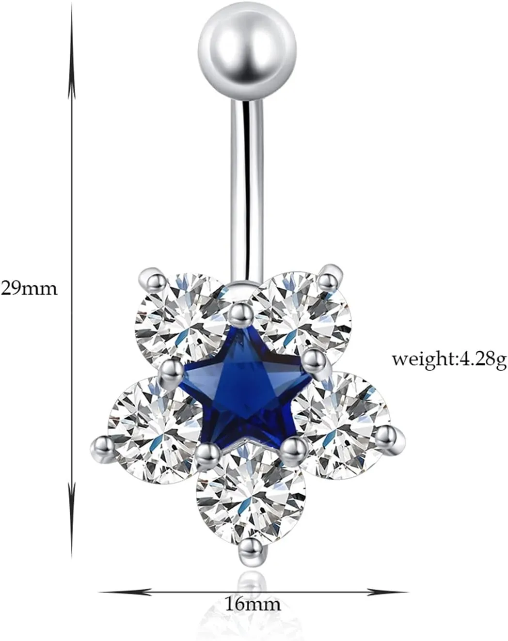 Belly Button Ring for Women, Bar Belly Button Rings 316L Surgical Steel Belly Button Rings Classic Flower Star White/Blue/Pink Cubic Zirconia Belly Button Jewelry