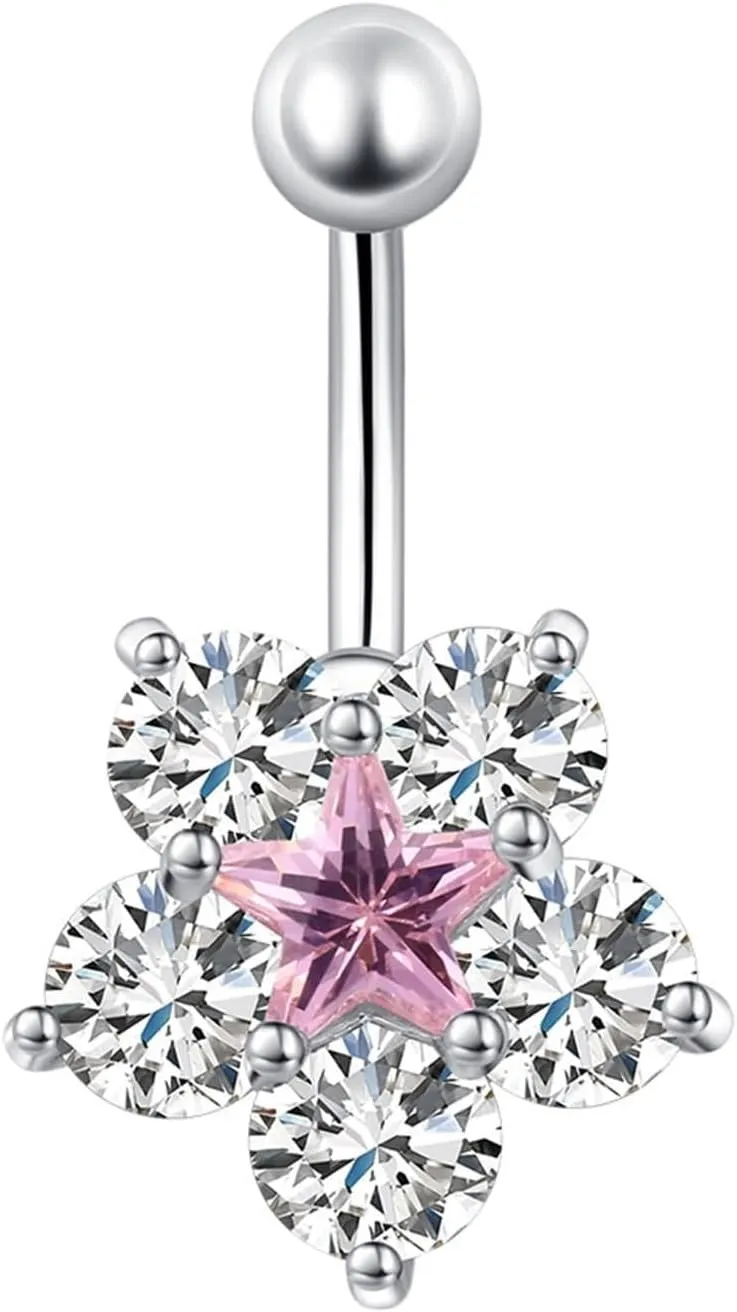 Belly Button Ring for Women, Bar Belly Button Rings 316L Surgical Steel Belly Button Rings Classic Flower Star White/Blue/Pink Cubic Zirconia Belly Button Jewelry