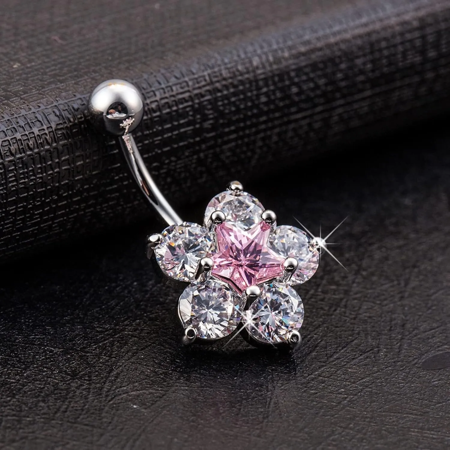 Belly Button Ring for Women, Bar Belly Button Rings 316L Surgical Steel Belly Button Rings Classic Flower Star White/Blue/Pink Cubic Zirconia Belly Button Jewelry