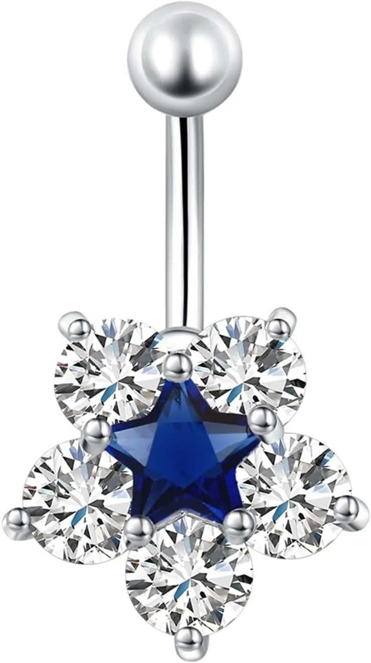 Belly Button Ring for Women, Bar Belly Button Rings 316L Surgical Steel Belly Button Rings Classic Flower Star White/Blue/Pink Cubic Zirconia Belly Button Jewelry