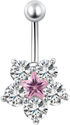 Belly Button Ring for Women, Bar Belly Button Rings 316L Surgical Steel Belly Button Rings Classic Flower Star White/Blue/Pink Cubic Zirconia Belly Button Jewelry