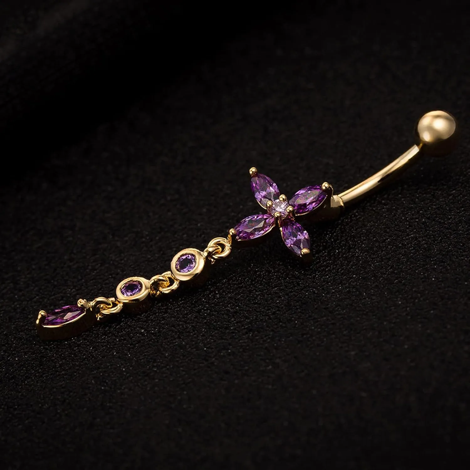 Belly Button Rings Naughty, Long Navel Rings for Womens Flower with Cubic Zirconia Tassel