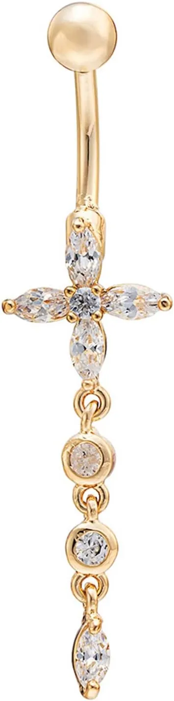 Belly Button Rings Naughty, Long Navel Rings for Womens Flower with Cubic Zirconia Tassel
