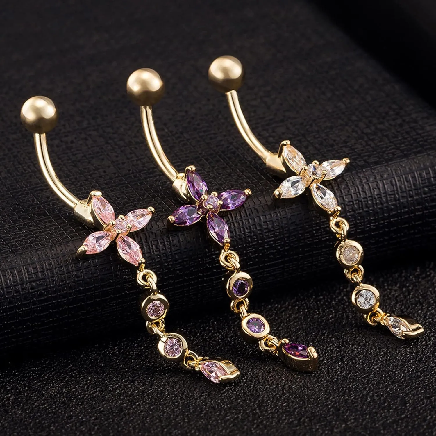 Belly Button Rings Naughty, Long Navel Rings for Womens Flower with Cubic Zirconia Tassel