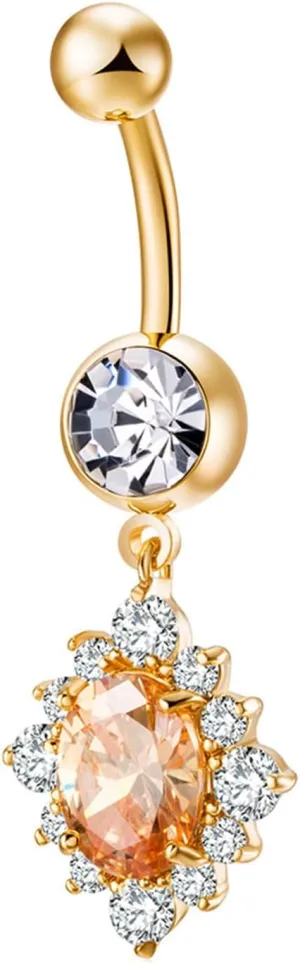 Belly Button Rings Stainless Steel Dangle, Navel Rings for Women Sexy Oval Luxury Zirconia