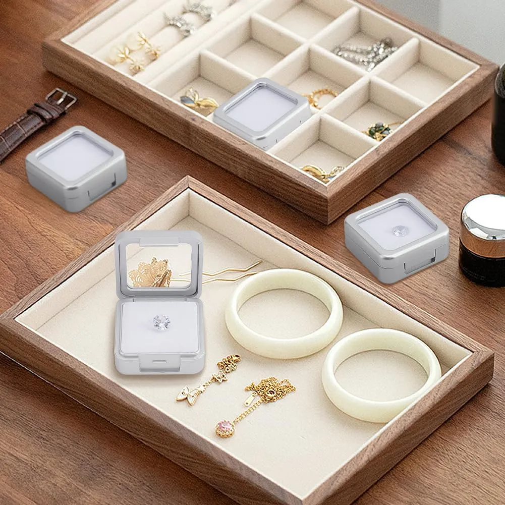 BENECREAT 4 Pcs Silver Gemstone Display Box, 1.57x1.57x0.67 inch Square Jewelry Box with Clear Glass Top Lids for Gift Wrapping, Displaying Gemstones, Crystal Diamond Accessories