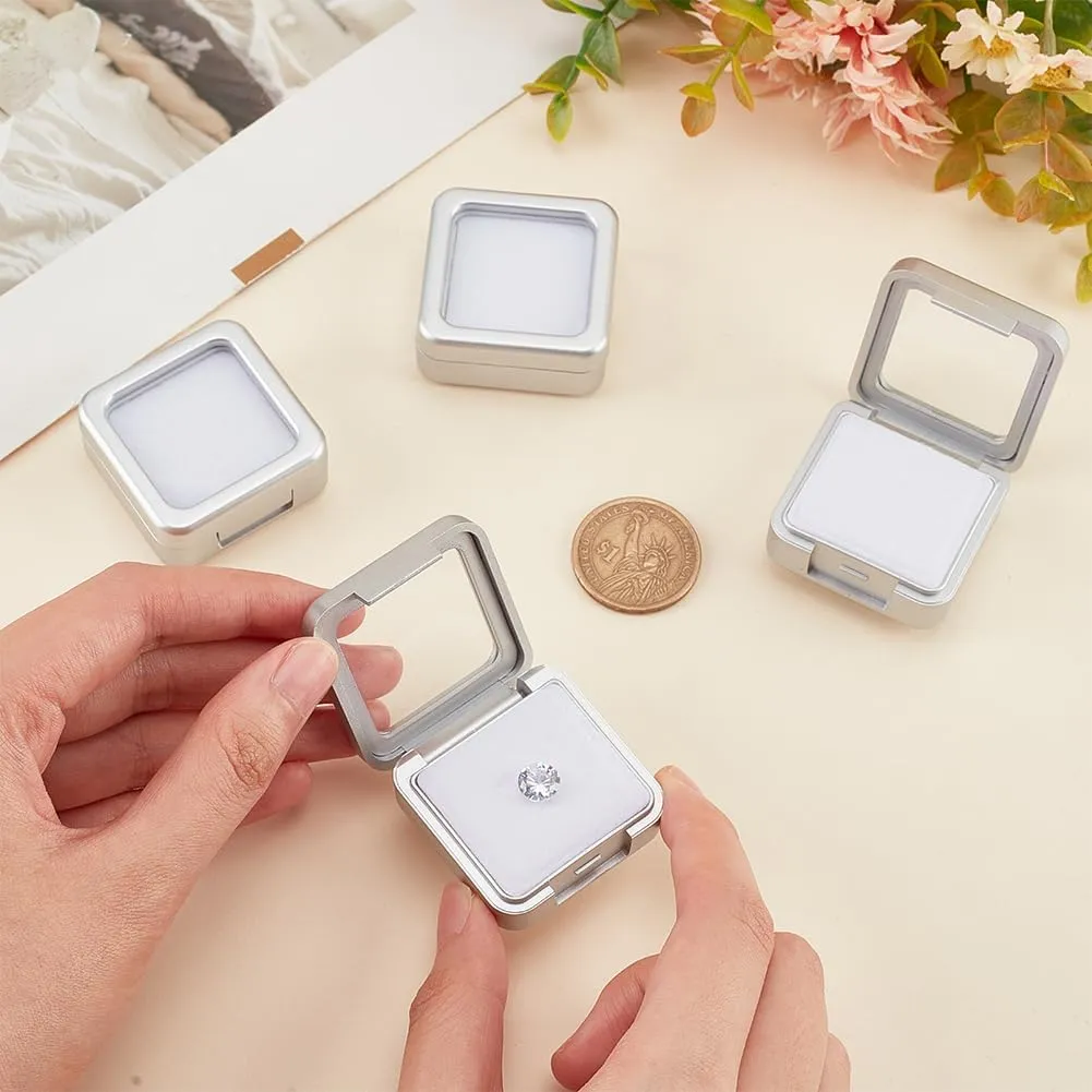BENECREAT 4 Pcs Silver Gemstone Display Box, 1.57x1.57x0.67 inch Square Jewelry Box with Clear Glass Top Lids for Gift Wrapping, Displaying Gemstones, Crystal Diamond Accessories