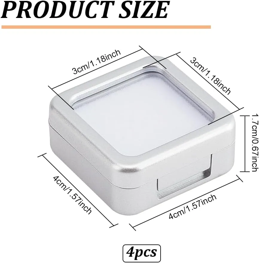BENECREAT 4 Pcs Silver Gemstone Display Box, 1.57x1.57x0.67 inch Square Jewelry Box with Clear Glass Top Lids for Gift Wrapping, Displaying Gemstones, Crystal Diamond Accessories