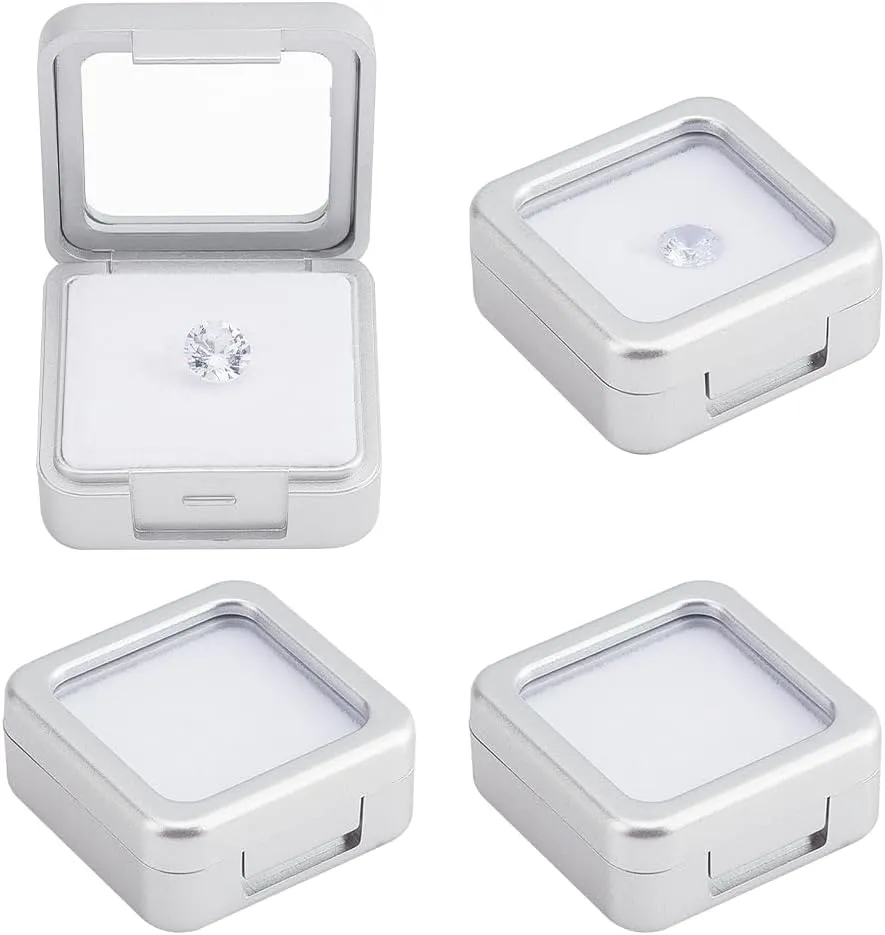BENECREAT 4 Pcs Silver Gemstone Display Box, 1.57x1.57x0.67 inch Square Jewelry Box with Clear Glass Top Lids for Gift Wrapping, Displaying Gemstones, Crystal Diamond Accessories