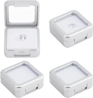 BENECREAT 4 Pcs Silver Gemstone Display Box, 1.57x1.57x0.67 inch Square Jewelry Box with Clear Glass Top Lids for Gift Wrapping, Displaying Gemstones, Crystal Diamond Accessories