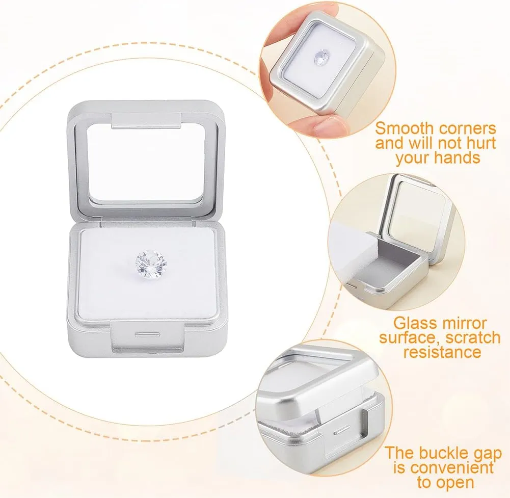 BENECREAT 4 Pcs Silver Gemstone Display Box, 1.57x1.57x0.67 inch Square Jewelry Box with Clear Glass Top Lids for Gift Wrapping, Displaying Gemstones, Crystal Diamond Accessories
