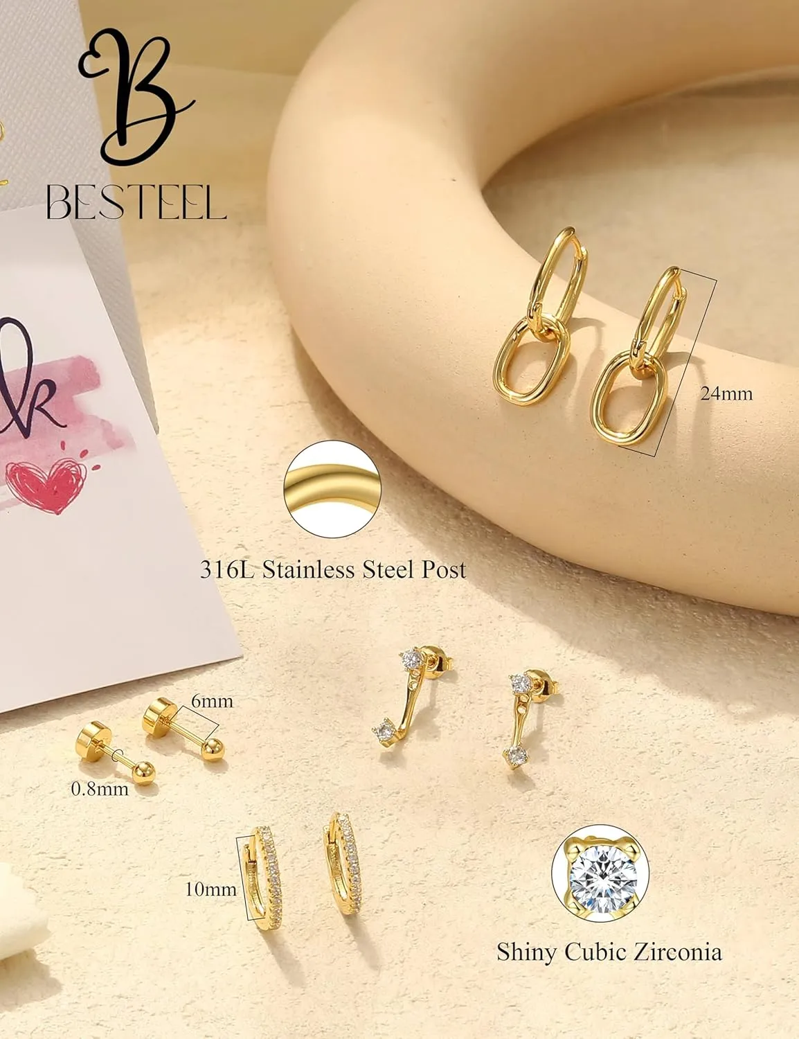 BESTEEL Small Gold Hoop Earrings for Women - Hypoallergenic Surgical Steel Flat Back Earring Sets for Multiple Piercing Cartilage Earing Stacks Silver Dangle Huggie Stud Jewelry Trendy 4 Pairs