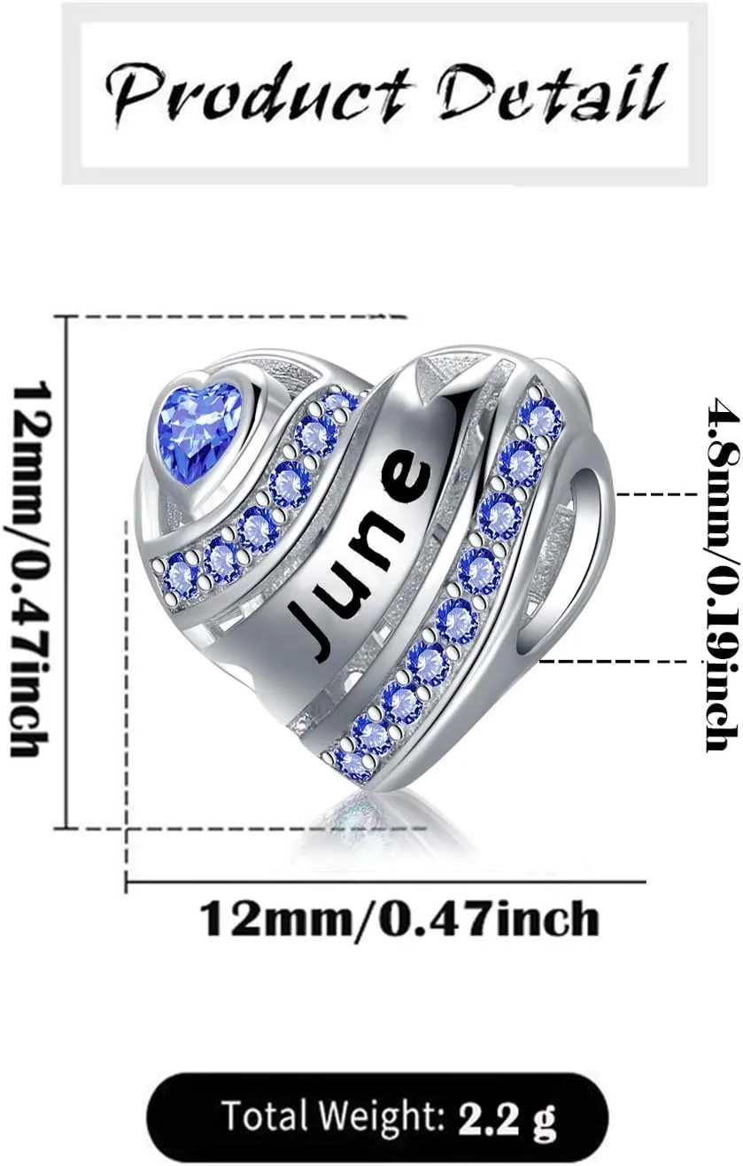 Birthstone Heart Charms for Charms Bracelet-925 Sterling Silver Love Heart Bead Charms for Bracelets and Necklaces, Birthday Gifts for Women.