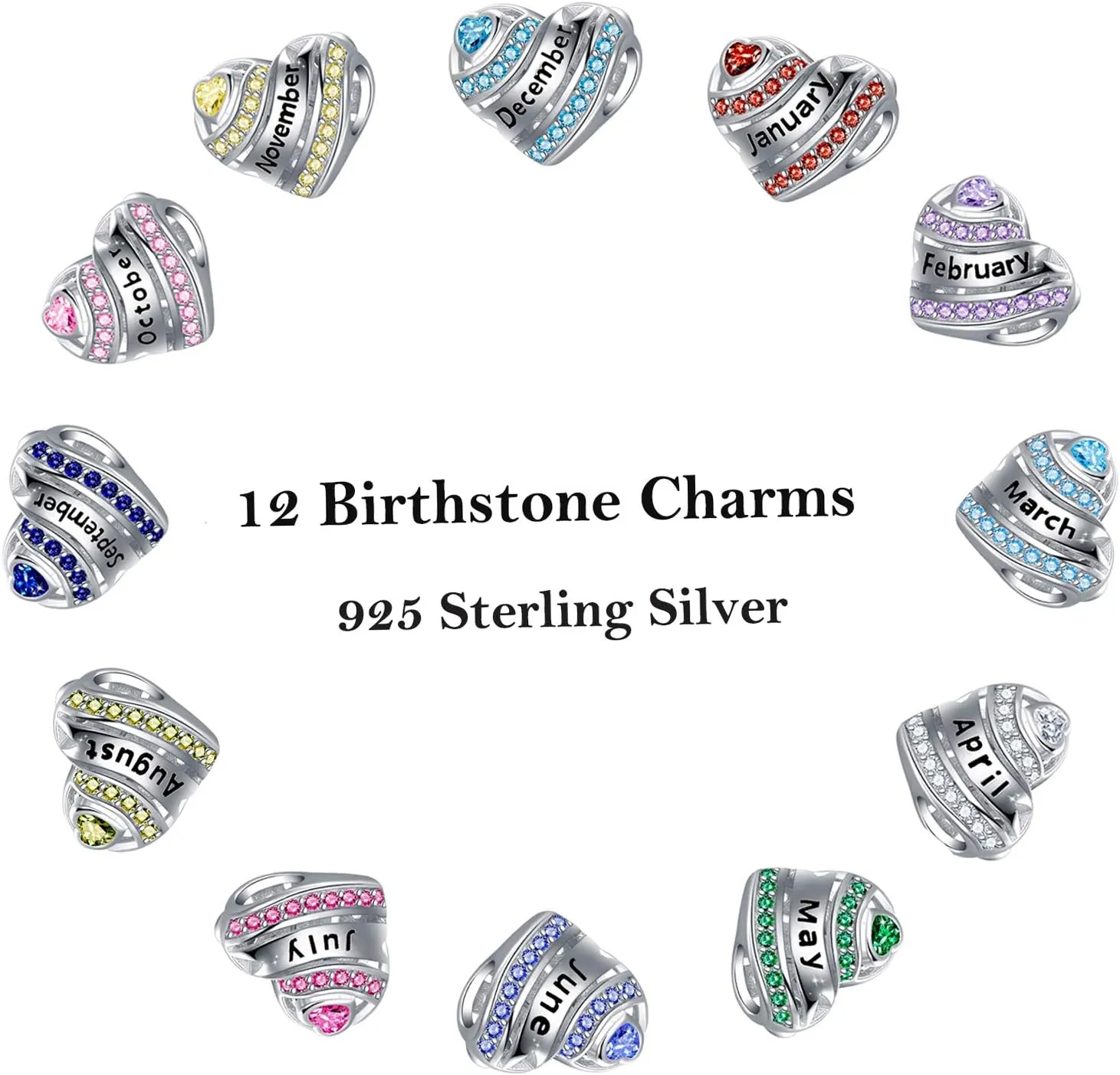 Birthstone Heart Charms for Charms Bracelet-925 Sterling Silver Love Heart Bead Charms for Bracelets and Necklaces, Birthday Gifts for Women.