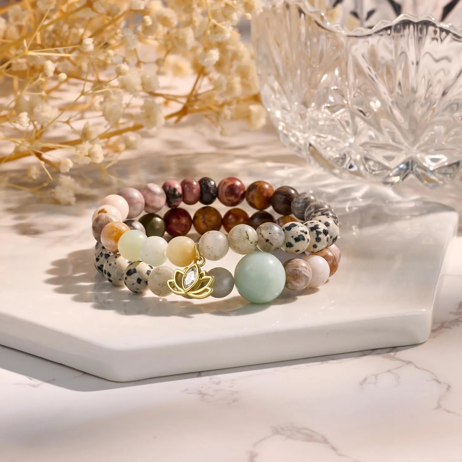 Bivei Beaded Bracelets for Women with Lotus Charm Healing Gemstone Crystal 7 Chakra Bracelet Natural Stretch Bracelets Set for Women Yoga Meditation Anxiety Stress Relief Jewelry