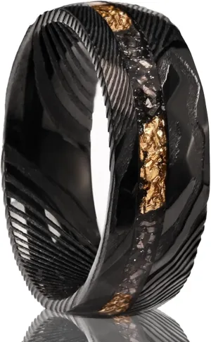 Black Damascus Steel Rings for Men 8mm Men's Engagement Wedding Bands Hammered Inlaid Gold Foil Meteorite Fragments Stylish Comfort Fit