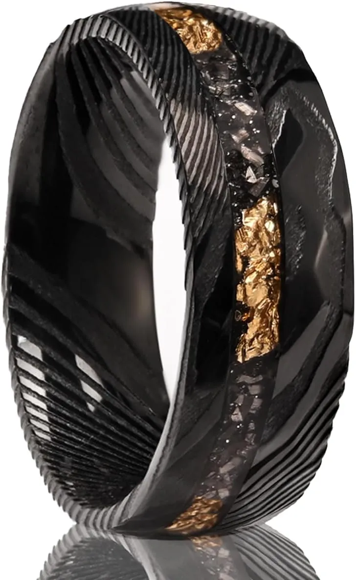 Black Damascus Steel Rings for Men 8mm Men's Engagement Wedding Bands Hammered Inlaid Gold Foil Meteorite Fragments Stylish Comfort Fit