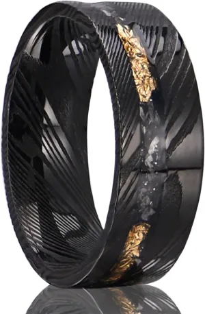 Black Damascus Steel Rings for Men Inlaid with Gold Foil Meteorite Fragments 8mm Flat Men's Wedding Bands Stylish and Comfortable Suitable for Party Anniversaries
