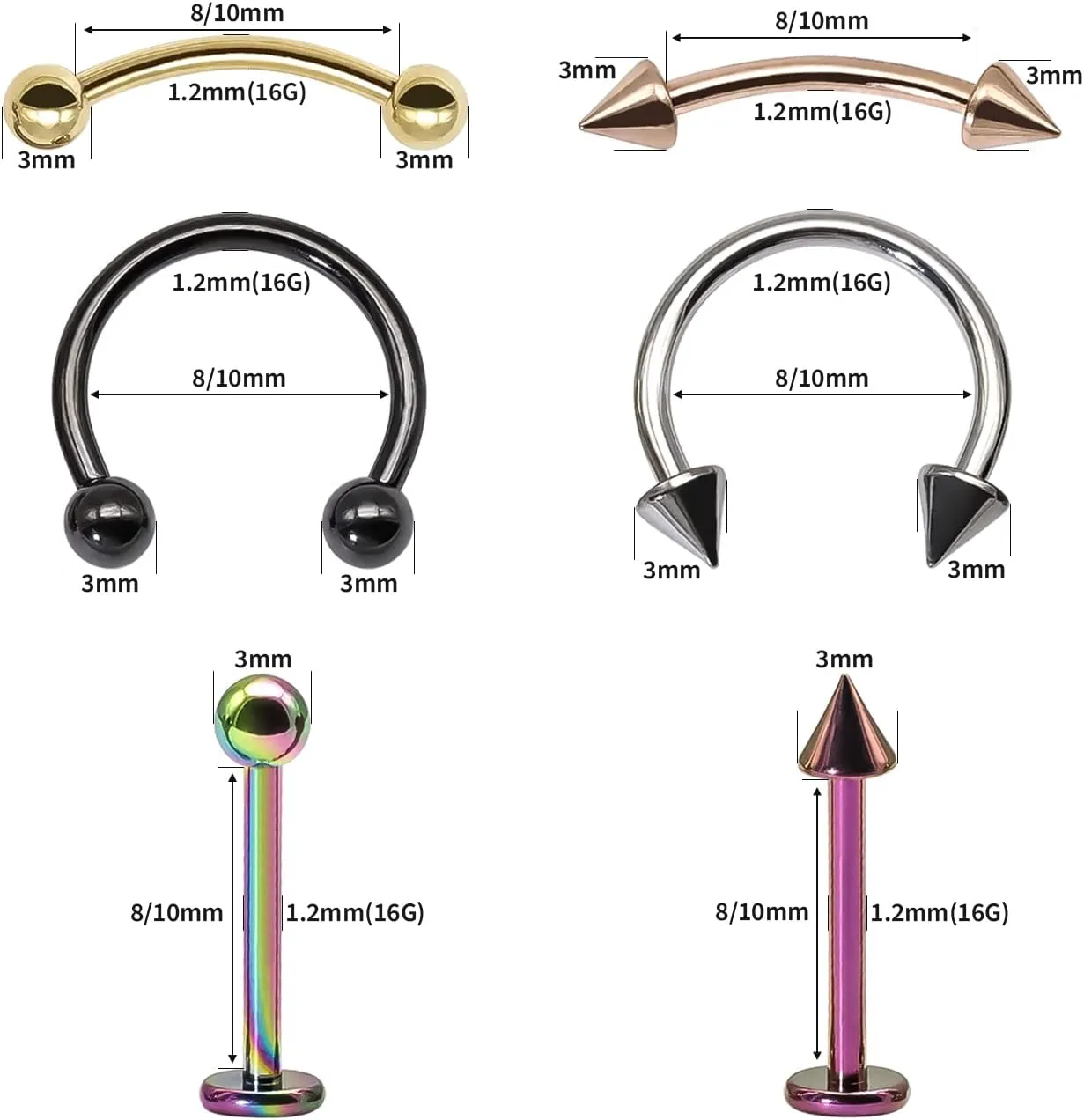 BLISI G23 Titanium Body Piercing Barbells Jewelry 16G Curved Barbell Rings for Eyebrow Lip Nose Septum Horseshoe Cartilage Tragus Rook Earrings 8mm/10mm 6 Colors