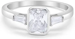 Blue Apple Co. 3-Stone Three Stone Emerald Cut Baguette Cubic Zirconia Wedding Engagement Ring 925 Sterling Silver